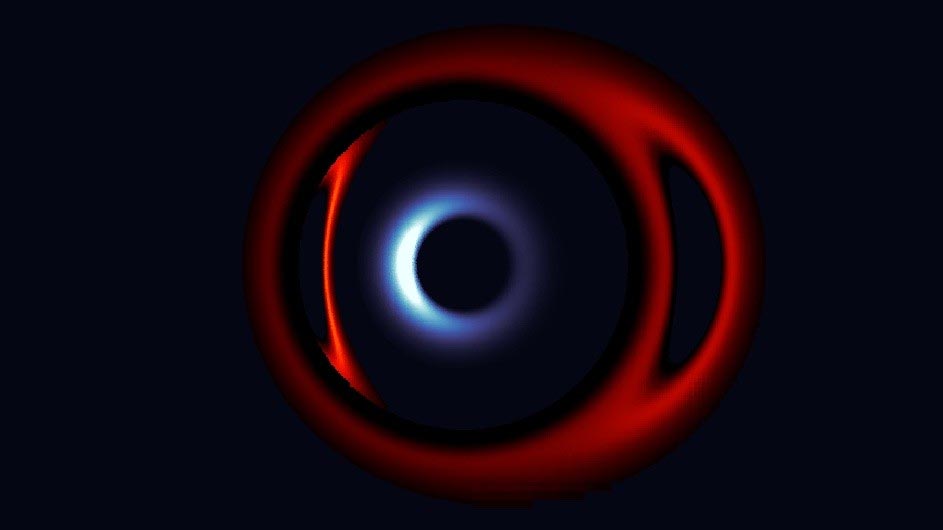 Skalierte „Schatten“ zweier supermassiver Schwarzer Löcher im Prozess der Kollision