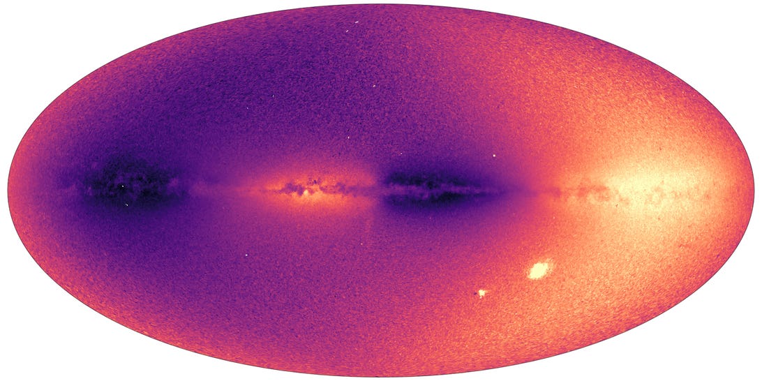 Karte mit hellen Flecken, die Galaxien und kosmische Wolken darstellen.