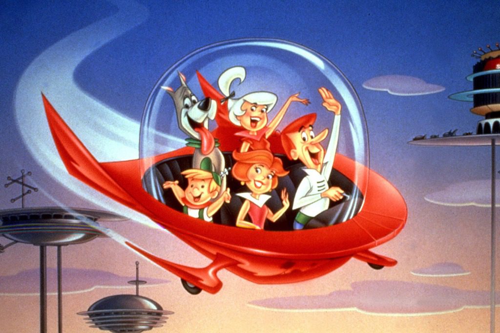Familie in ihrem fliegenden Auto.
