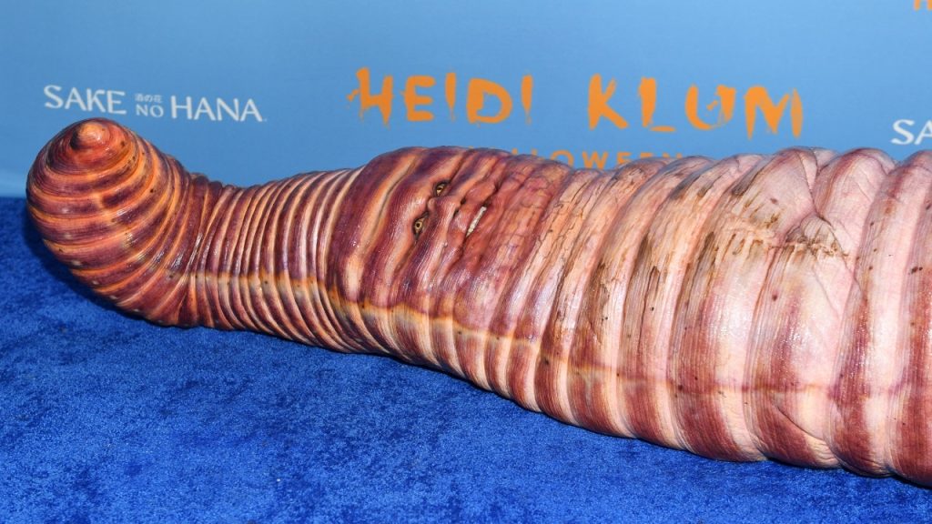 Die nicht wiederzuerkennende Heidi Klum in einem aufwändigen Riesenwurm-Kostüm auf einer Halloween-Party in NYC