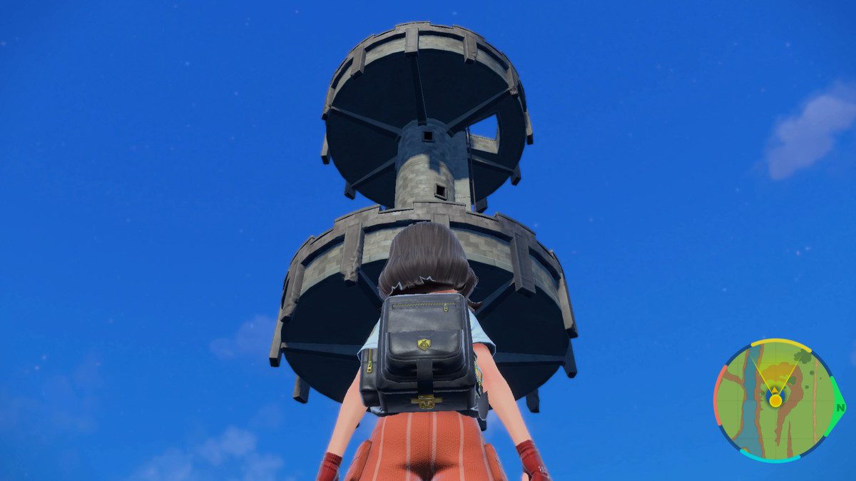 Ein Pokémon-Trainer steht vor einem riesigen Wachturm