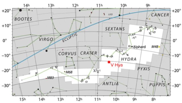 V Hydrae ist ein kohlenstoffreicher Stern, der sich 1.300 Lichtjahre entfernt im Sternbild Hydra befindet.