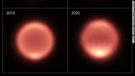 Am Südpol von Neptun ist zwischen 2018 und 2020 eine erhöhte Helligkeit zu sehen, was auf einen Erwärmungstrend hinweist. 