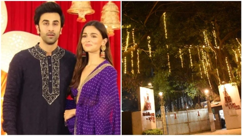 Hochzeit von Ranbir Kapoor und Alia Bhatt: Der Eingang zum RK Studio wurde vor den bevorstehenden Feierlichkeiten erleuchtet.  Beobachten |  Bollywood