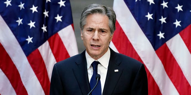 Außenminister Anthony Blinken spricht nach dem Zusehen "Burmas Weg zum Völkermord" Ausstellung im United States Holocaust Memorial Museum in Washington, Montag, 21. März 2022. 