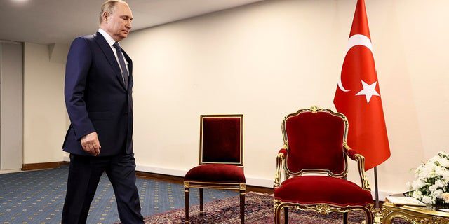 Der russische Präsident Wladimir Putin empfängt den türkischen Präsidenten Recep Tayyip Erdogan vor ihren Gesprächen im Saadabad-Palast in Teheran, Iran, Dienstag, den 19. Juli 2022 (Sergei Savostyanov, Sputnik, Kremlin Pol Photo via The Associated Press)