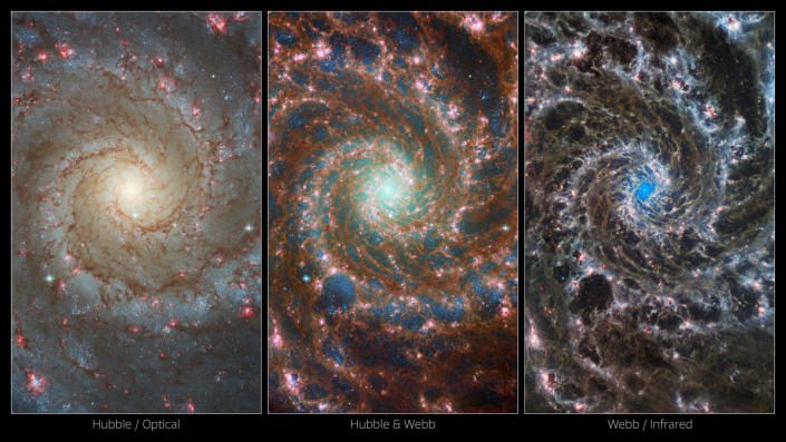 Links ein Blick vom Hubble-Weltraumteleskop auf die Galaxie.  Auf der rechten Seite ist das Bild des James-Webb-Weltraumteleskops auffallend anders.  Das in der Mitte verschmolzene Foto kombiniert diese beiden für einen wirklich einzigartigen Blick darauf 