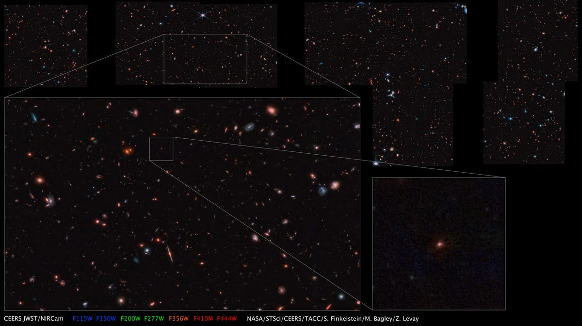 Der dunkle Weltraumhintergrund zeigt verschiedene Winkel der Maisie-Galaxie.  Die nächste Kopie des Bildes befindet sich unten links und zeigt einen rötlichen Lichtpunkt.