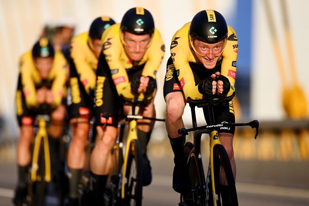 UTRECHT NETHERLANDS AUGUST 19 Sam Oomen of Netherlands and Team Jumbo Visma sprints during the 77th Tour of Spain 2022 Stage 1 a 233km team time trial in Utrecht LaVuelta22 WorldTour on August 19 2022 in Utrecht Netherlands Photo by Tim de WaeleGetty Images