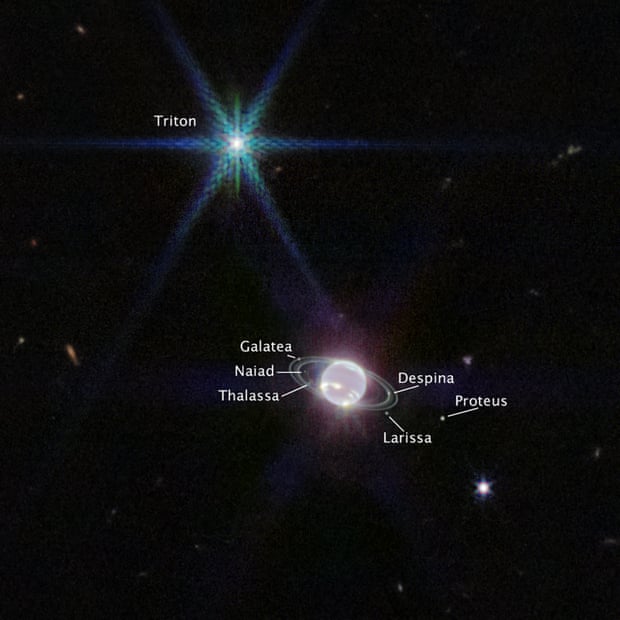 Neptun und sieben seiner vierzehn bekannten Monde, einschließlich Triton (oben links).