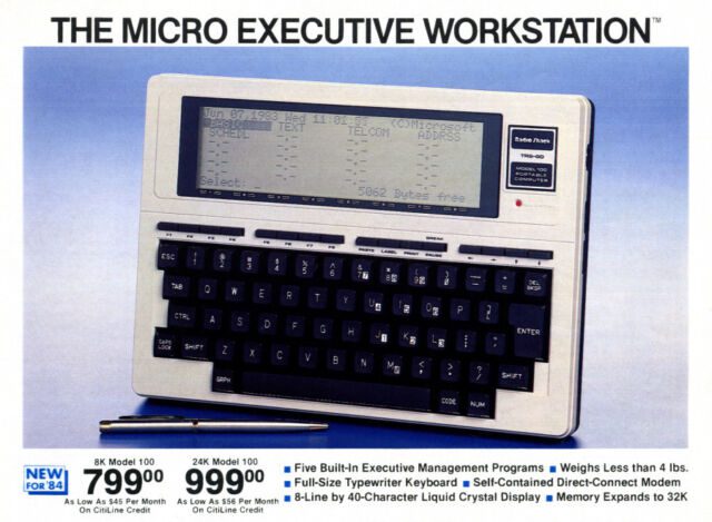 Auszug aus der Computerkatalogseite von Radio Shack von 1983 mit dem Laptop TRS-80 Model 100.