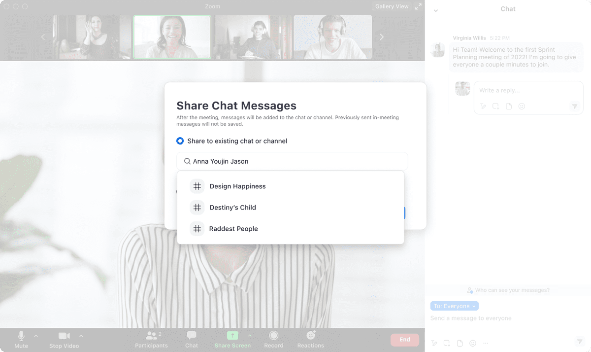 Die Zoom-Eingabeaufforderung fragt, ob der Benutzer Chat-Nachrichten aus dem Zoom-Anruf mit dem Zoom-Team-Chat-Kanal teilen möchte.
