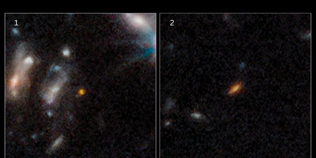 Es wird angenommen, dass diese beiden Galaxien vor 350 &  450 Millionen Jahre nach dem Urknall (von links nach rechts).  Im Gegensatz zu unserer Milchstraße sind diese ersten Galaxien klein und kompakt, eher kugel- oder scheibenförmig als große Spiralen.