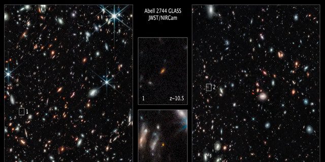 Zwei der am weitesten entfernten Galaxien, die bisher gesehen wurden, wurden auf diesen Bildern des Webb-Weltraumteleskops der äußeren Regionen des riesigen Galaxienhaufens Abell 2744 eingefangen. Die Galaxien befinden sich nicht innerhalb des Haufens, sondern liegen Milliarden von Lichtjahren dahinter.  Die benannte Galaxie (1) existierte nur 450 Millionen Jahre nach dem Urknall.  Die Galaxie mit dem Namen (2) existierte 350 Millionen Jahre nach dem Urknall.  Beide sind sehr nah am Urknall zu sehen, der vor 13,8 Milliarden Jahren stattfand.  Diese Galaxien sind im Vergleich zu unserer eigenen Milchstraße sehr klein und machen nur wenige Prozent ihrer Größe aus, sogar eine unerwartet langgestreckte Galaxie (1).
