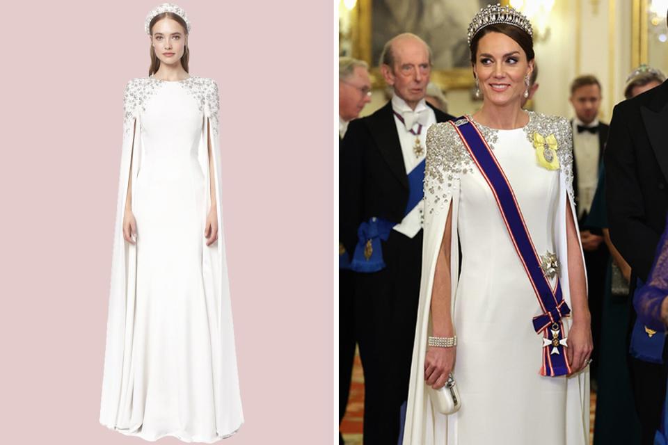 Fotomontage des Kleides von Kleinfeld und Kate Middleton beim Staatsbankett 2022 |  Catherine, Prinzessin von Wales, während eines Staatsbanketts im Buckingham Palace am 22. November 2022 in London, England.  Dies ist der erste Staatsbesuch, den das Vereinigte Königreich mit König Karl III. als Monarch veranstaltet hat, und der erste Staatsbesuch eines südafrikanischen Führers hier seit 2010.