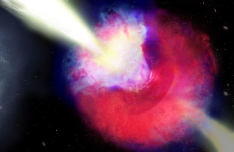 Künstlerische Darstellung von GRB 211211A.  Kilonova-Explosion und Gammastrahlen rechts.